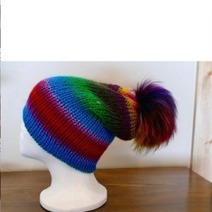 Slouchy Knitted Winter Reversible Hat with Real Fur Snap Pom
